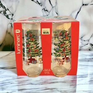 Vintage NOS Luminarc 16 oz Christmas Glass Tumblers Tree Presents